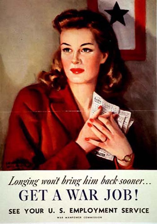 Poster, painting of young woman in red clutching letters or documents, banner with red border and blue star hangs on wall in backgound. "Longing won’t bring him back sooner… GET A WAR JOB! See your U.S. Employment Service. War Manpower Commission "