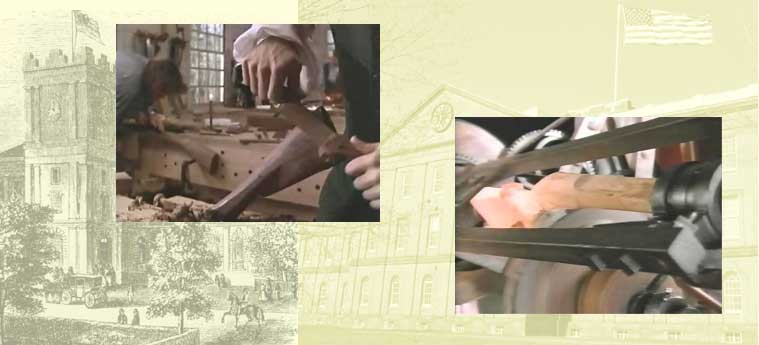 collage compares photos of traditional craftsman carving a gun stock and a similar stock being turned on a Blanchard lathe. Background shows Armory building